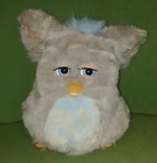 Large Furby, 2005 Tiger Electronics, Grey and Blue With Blue Eyes, Hasbro, Works Perfectly