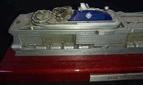MSC Meraviglia Solid Metal Model Ship On Wooden Base, In Great Condition (Base Is 280mm Long)