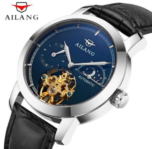 Tourbillon mechanical Auto Men's genuine leather strap Skeleton watch + BOX + GIFT