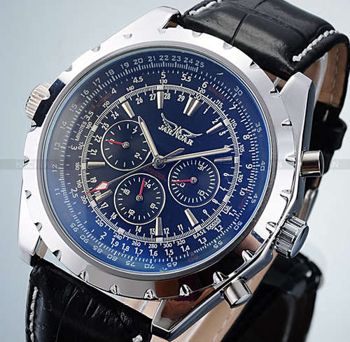 JARAGAR Black 6 Hands Men's Automatic Mechanical Day Date Leather Band Watch **