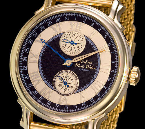 Monte Wehro Ancona Gold pl / Black Clock Automatic Mesh Bracelet! Glass floor!