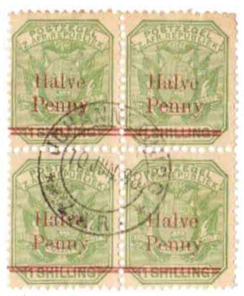ZAR, 1 Shilling, Halve Penny overprint, Block of 4,1898, FU