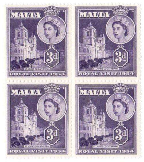 Malta, Unmounted Mint, 3d, Block of 4, Tudor Crown Watermark + ( E2R), 1954, very fine