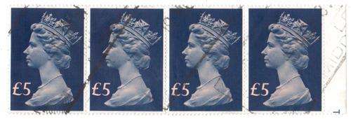 Britain, QU E II, 5 Pounds, Strip of Four, VFU, NG (Large Format)