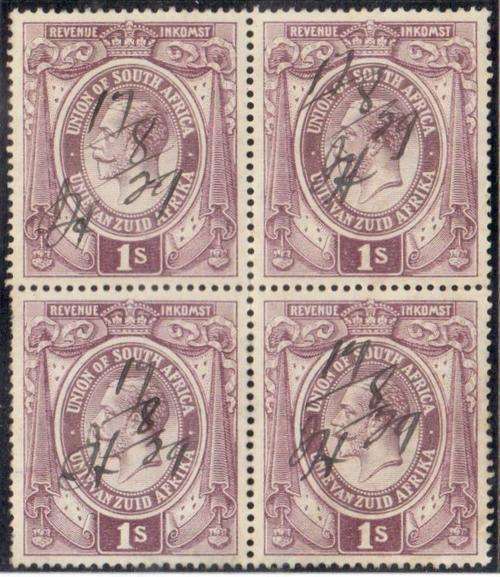 SA, Union,  KGV 1S, Revenue Stamps Block of 4, LH, VFU