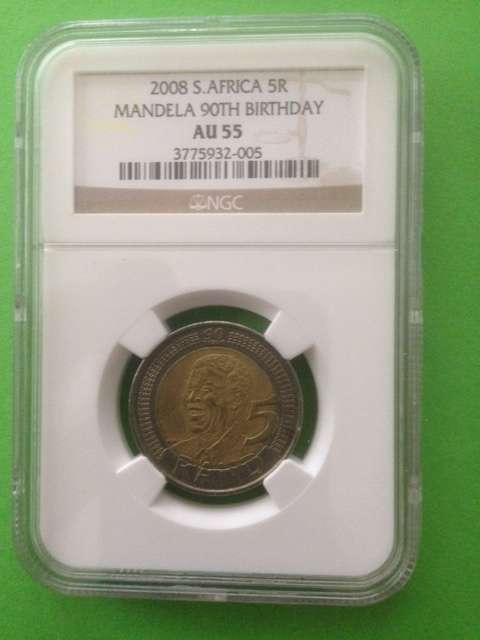 2008 Mandela 90th Birthday R5 NGC Graded Coins AU55 (Old Label)