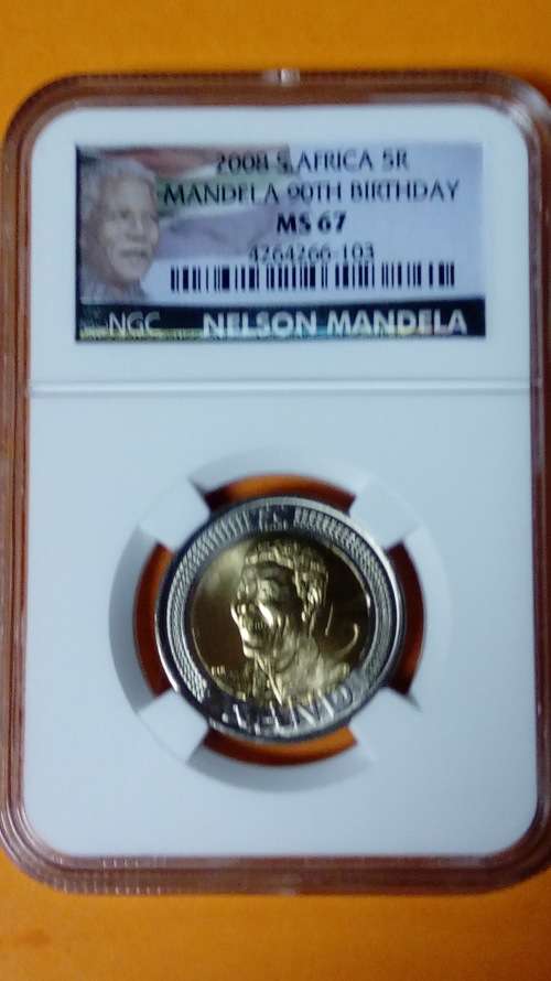 2008 Mandela 90th Birthday R5 NGC Graded. MS67 New Label. Bid Per Coin.