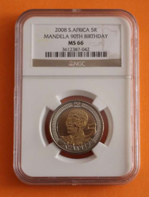 2008 Mandela 90th Birthday R5 NGC Graded. MS66 "Old Label"