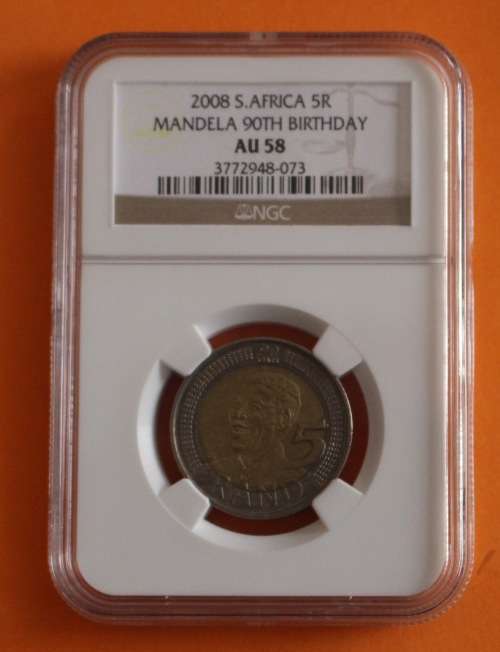 2008 Mandela 90th Birthday R5 NGC Graded. AU58 "Old Label"