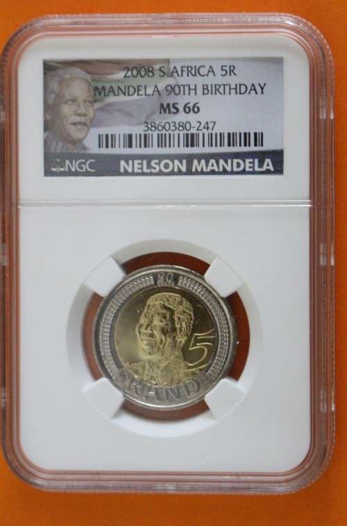 2008 Mandela 90th Birthday R5 NGC Graded. MS66 "New Label".