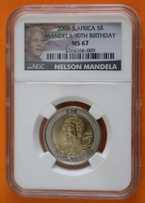 2008 Mandela 90th Birthday R5 NGC Graded. MS67 "New Label".