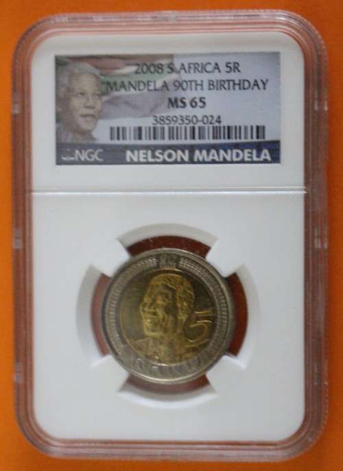 2008 Mandela 90th Birthday R5 NGC Graded. MS65 "New Label".