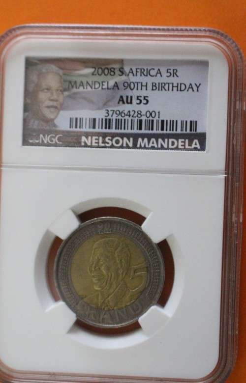 2008 Mandela 90th Birthday R5 NGC Graded. AU55 "New Label".