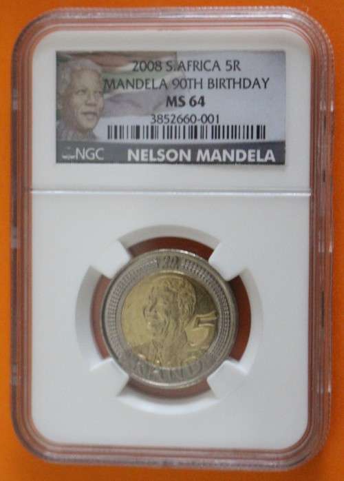 2008 Mandela 90th Birthday R5 NGC Graded. MS64 "New Label".