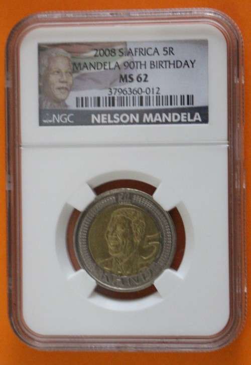 2008 Mandela 90th Birthday R5 NGC Graded. MS62 "New Label".