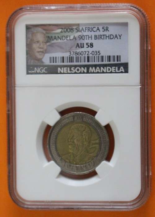 2008 Mandela 90th Birthday R5 NGC Graded. AU58 "New Label".