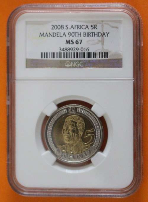 2008 Mandela 90th Birthday R5 NGC Graded. MS67 "Old Label".