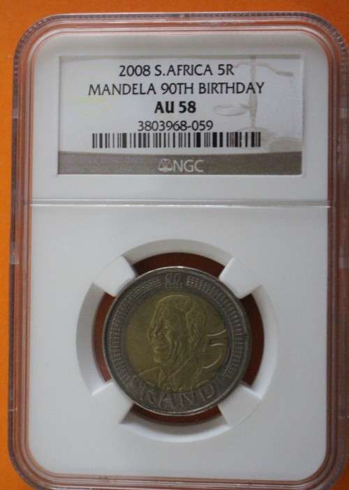 2008 Mandela 90th Birthday R5 NGC Graded. AU58 "Old Label".