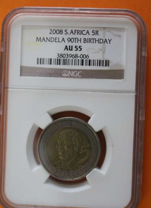 2008 Mandela 90th Birthday R5 NGC Graded. AU55 "Old Label".