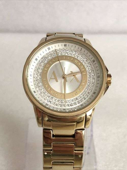 ARMANI EXCHANGE LADIES LADY BANKS WATCH CRYSTAL SET DIAL GOLD PLATED BRACELET