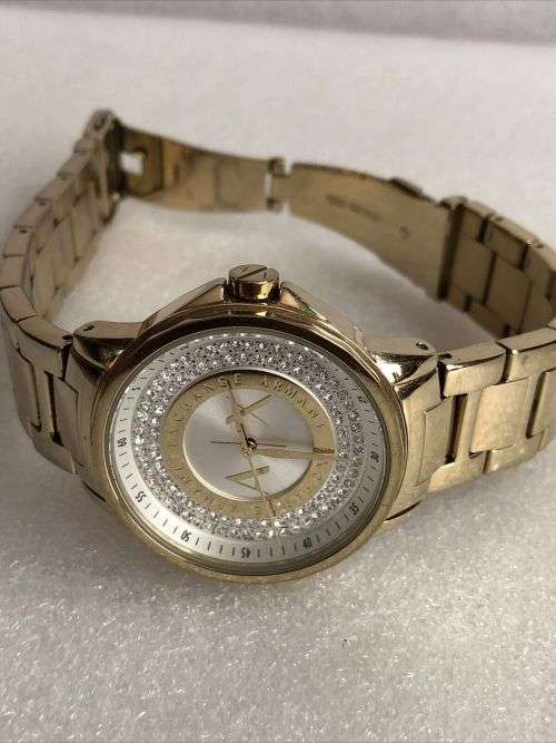 ARMANI EXCHANGE LADIES LADY BANKS WATCH CRYSTAL SET DIAL GOLD PLATED BRACELET