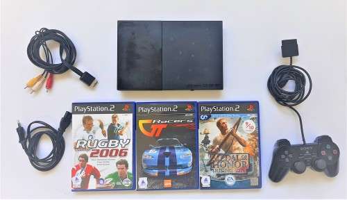 PS 2 CONSOLE SLIM  BLACK  + ORIGINAL  CONTROLLER   + CABLES + 3 GAMES -  ( DEAL 020 )