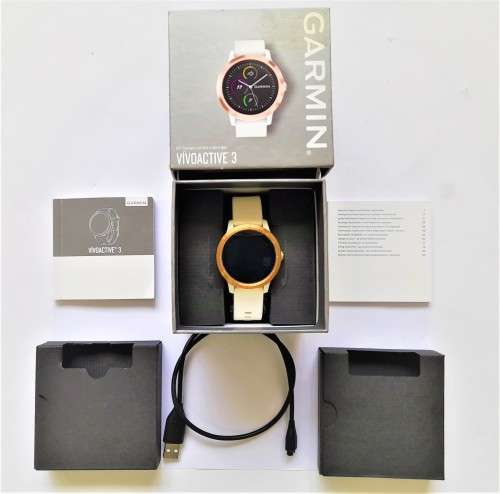GARMIN WATCH VIVOACTIVE 3 - Rose Gold with White Silicone Strap and original charger in original box
