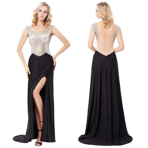 Sexy Beaded Sleeveless V Neck Evening Dress Backless