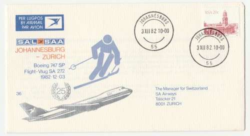 1982 RSA SAA JHB-Zurich SA 272 First Flight Commemorative Cover 36