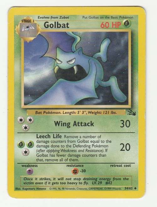 Pokemon FOSSIL Wizards Of The Coast 1999 - Golbat 34/62 - Uncommon