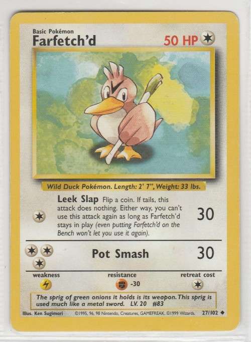 1995, 96, 98 Nintendo Creatures GAMEFREAK Pokemon - Gen I Base Set - Farfetch`d 24/102 - Uncommon