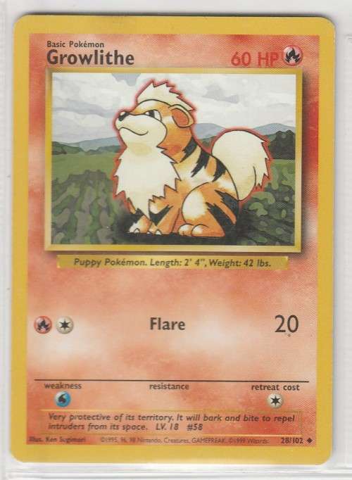 1995, 96, 98 Nintendo Creatures GAMEFREAK Pokemon - Gen I Base Set - Growlithe 28/102 - Uncommon