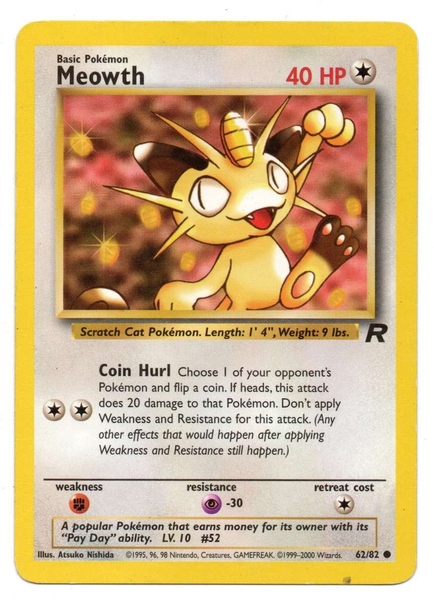 1995, 96, 98 Nintendo, Creatures - Pokemon Team Rocket - Basic Meowth 62/82