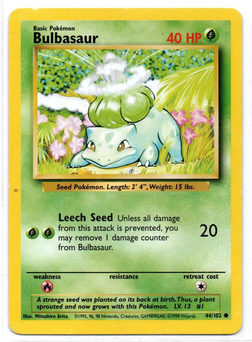 1995, 96, 98 Nintendo Creatures GAMEFREAK - Gen I Base Set Bulbasaur Common 44/102