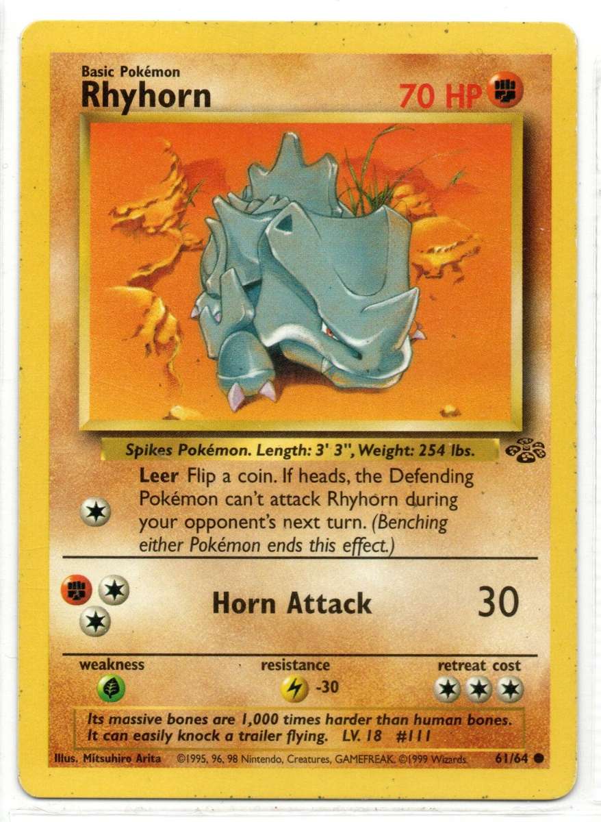 1995, 96, 98 Nintendo Creatures GAMEFREAK - Jungle Pokemon Rhyhorn 61/64 Common