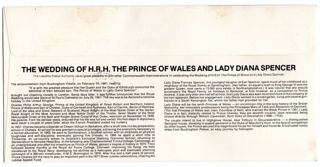 1981 Lesotho Royal Wedding FDC * Maxi