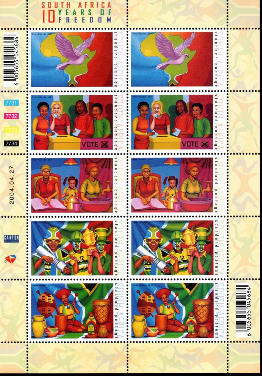 RSA 2004/04/27 Ten Years of Freedom Sheet of 10 stamps