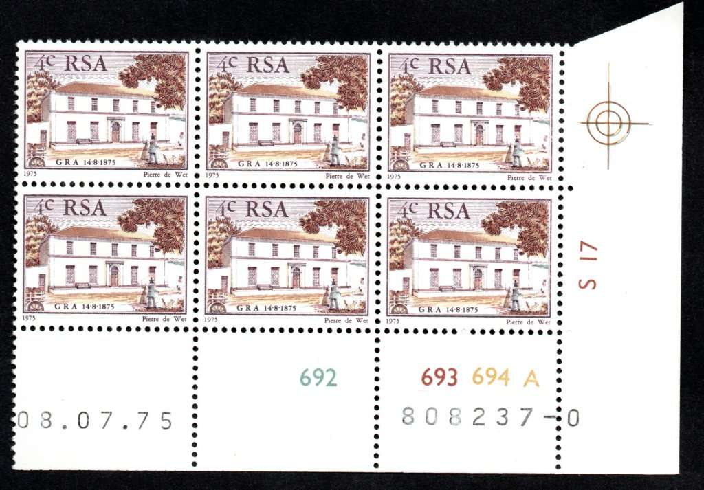 RSA 1975/07/08 Centenary of "Genootskap van Regte Afrikaaners" Control Blocks Pane A