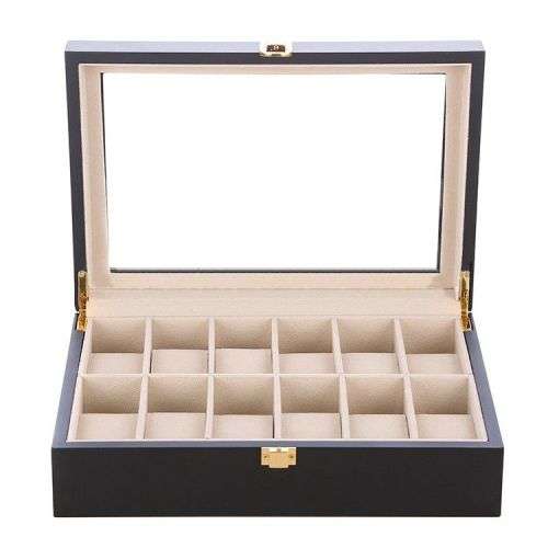 Wooden 12 Slot Watch Display Case - Black