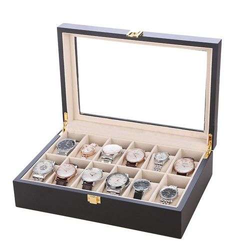 Wooden 12 Slot Watch Display Case - Black