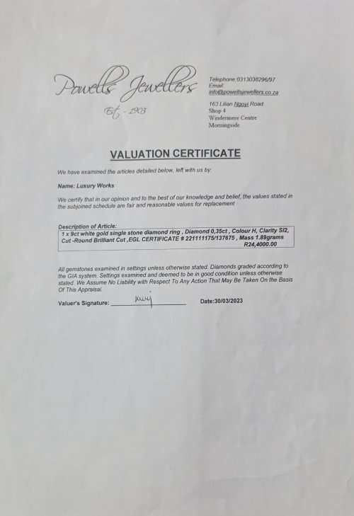 0.35CT Round Brilliant Diamond Ring - Evaluation R 24 400