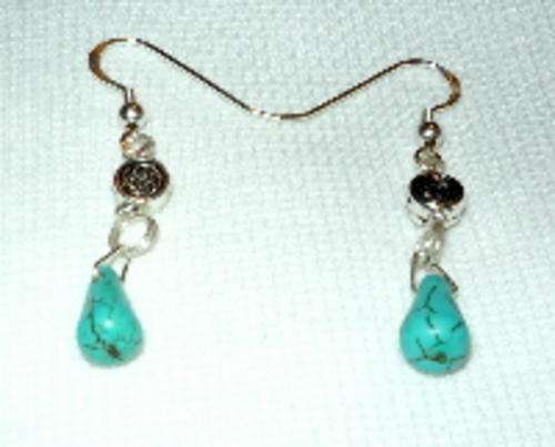 Green Turquoise Teardrop & Tibetan Silver Spacer Earrings
