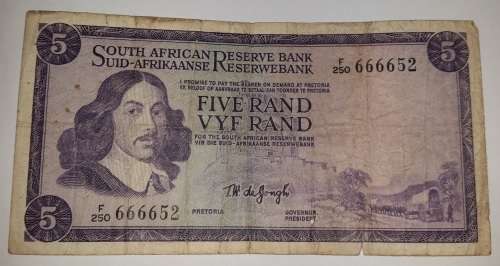 SOUTH AFRICA FIVE RAND NOTE TW DE JONGH F250 666652@ LOW START R1 AUCTION