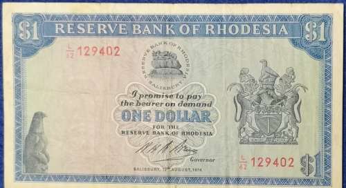 Reserve Bank of Rhodesia ONE DOLLAR note, 1974