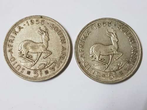 SOUTH AFRICAN 5 SHILLING COINS,1953