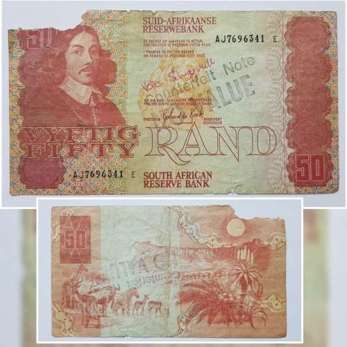 SOUTH AFRICAN FIFTY RAND BANKNOTE,,GPC DE KOCK,AJ7696341,COUNTERFEIT NOTE