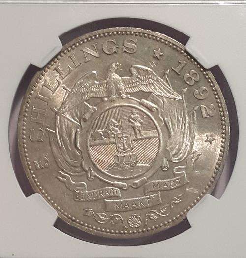 1892 ZAR 5 SHILLING DOUBLE SHAFT  ****AU58 NGC****