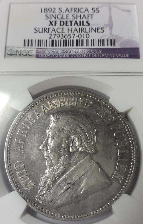 ZAR 1892 SINGLE SHAFT 5 SHILLINGS GRADED NGC!!! LOW START R1 AUCTION. MINTAGE ONLY 14 000