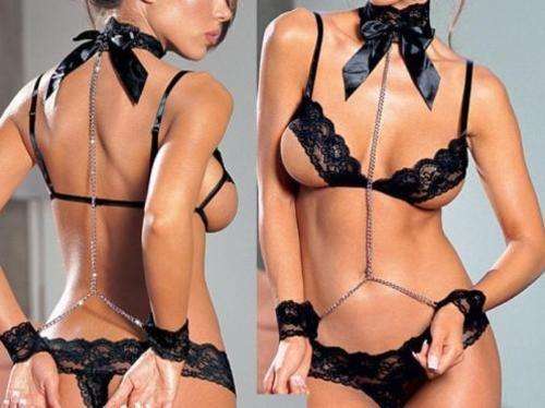 Sexy Lingerie Slave Chain Handcuffs Lace Underwear +G-string