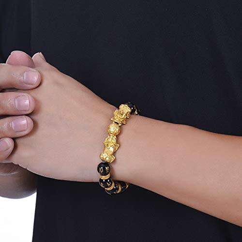 Goldenlight 2 Pcs Pi Xiu Bracelet Feng Shui Black Obsidian Wealth Bracelet for Women Men Adjustable